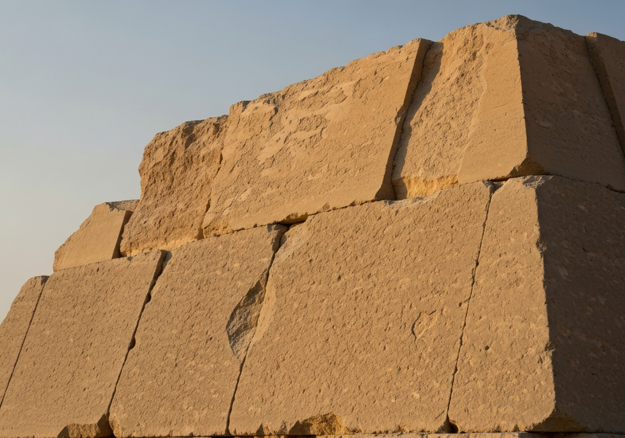 Close-up, slightly off-center photo taken with a smartphone of the weathered limestone casing stones at the top of Khafre's pyramid, catching the morning sun. The texture of the ancient stone is visible, with subtle imperfections and signs of erosion. The background is a soft, hazy blue sky, implying the vastness of the desert