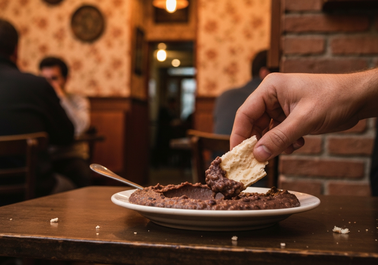A candid, slightly overexposed shot of a plate of ful medames on a simple cafe table. A hand, possibly the traveler's, is reaching for a piece of bread. The background is softly blurred, showing glimpses of other patrons and the warm, lived-in atmosphere of the cafe