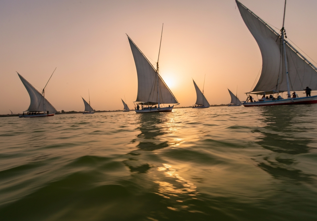 A low-angle, handheld shot of feluccas sailing on the Nile at sunset. The water is a muted green-brown, and the sails are stark white against a hazy sky. The image should feel slightly unsteady, as if captured in a moment of quiet observation