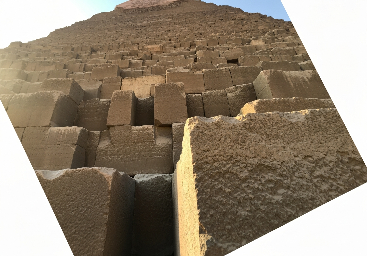 A candid smartphone photo taken from a low angle, looking up at the base of the Great Pyramid. The sheer scale of the massive, rough-hewn blocks is emphasized. The sun is rising, creating a warm glow on the stone, but the shadows are still deep, giving a sense of mystery. The image is slightly tilted, as if the photographer just stopped to snap the picture