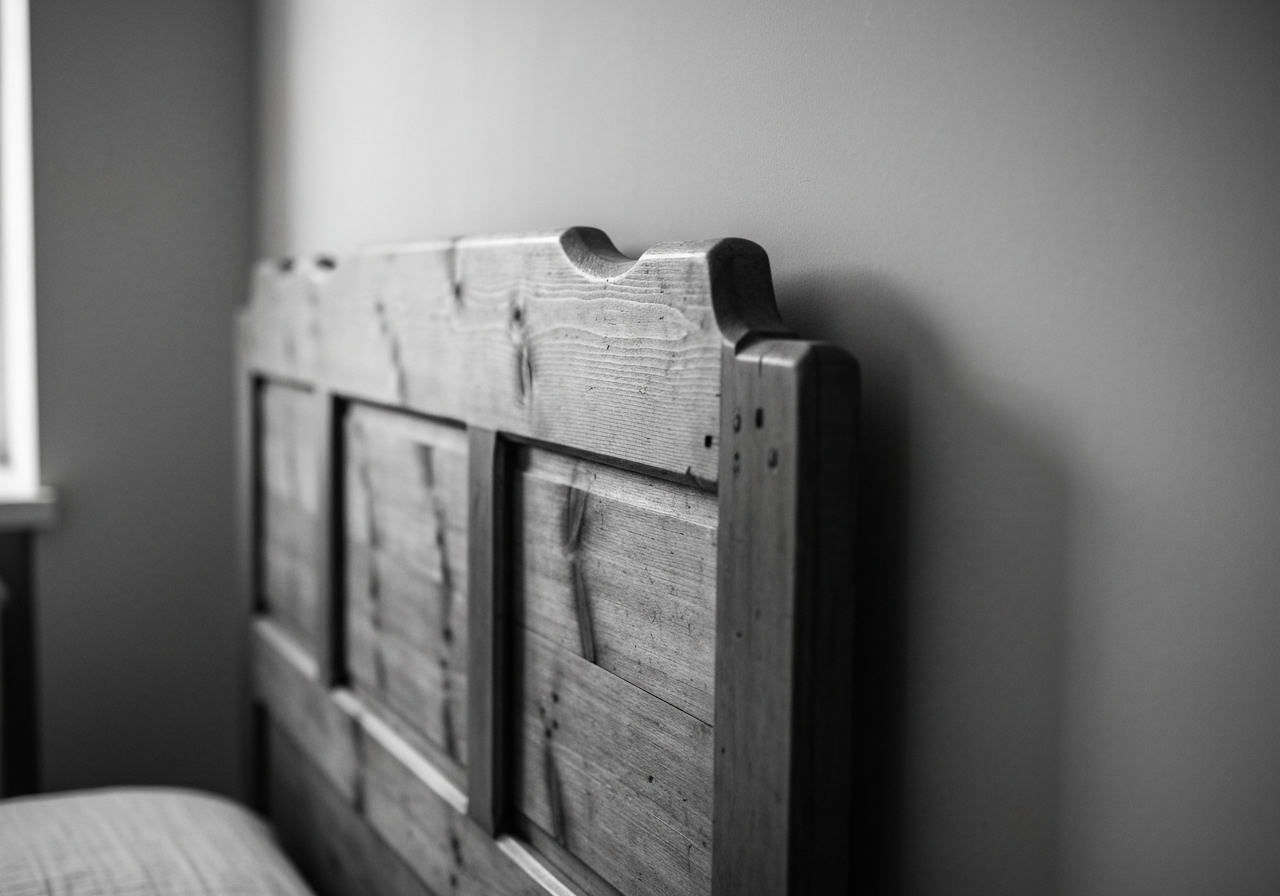 A slightly out-of-focus, sun-drenched shot of a wooden headrest on display in a dimly lit museum gallery. The lighting is natural, with a hint of dust motes visible in a shaft of light. Shot on a smartphone, with a shallow depth of field
