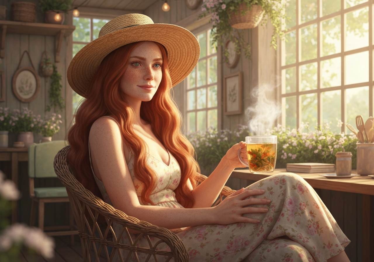 A candid, slightly tilted shot from a low angle of a hand holding a steaming glass of mint tea in a lush, green garden café. The background is softly blurred, showing hints of potted plants and dappled sunlight. The image has a natural, unposed feel, as if captured spontaneously with a smartphone
