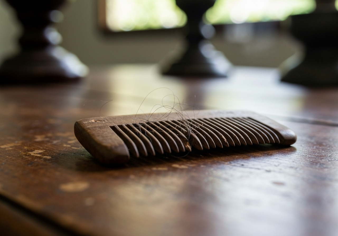 A close-up, slightly blurry shot from a smartphone of a small, worn wooden comb with a few strands of dark hair still caught in its teeth, resting on a slightly stained surface. The lighting is soft, morning light filtering through leaves, suggesting an indoor museum display