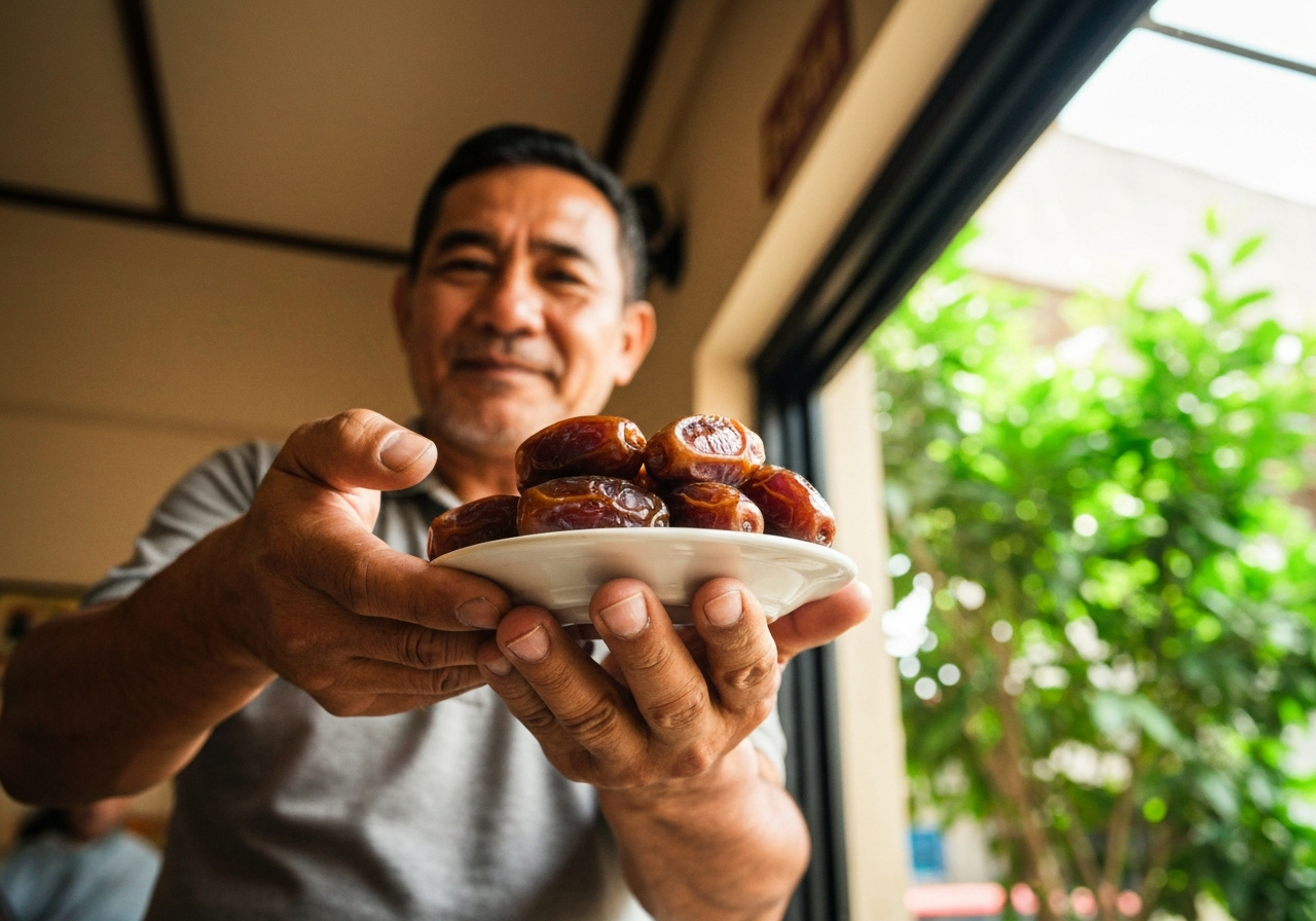 A low-angle, slightly tilted phone photo capturing the hands of a cafe owner offering a small plate of dates to the camera, his face mostly out of frame, with a gentle, knowing smile. The background shows hints of a simple cafe setting with green foliage