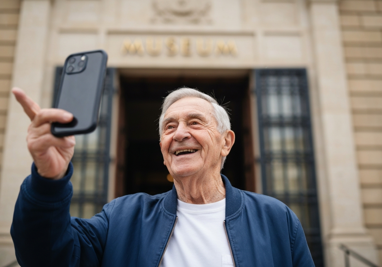 A candid, low-angle shot taken with a smartphone of an elderly man with kind eyes and a genuine smile, his face crinkling at the corners, gesturing towards a slightly visible museum entrance in the background. The image has a natural, unposed feel