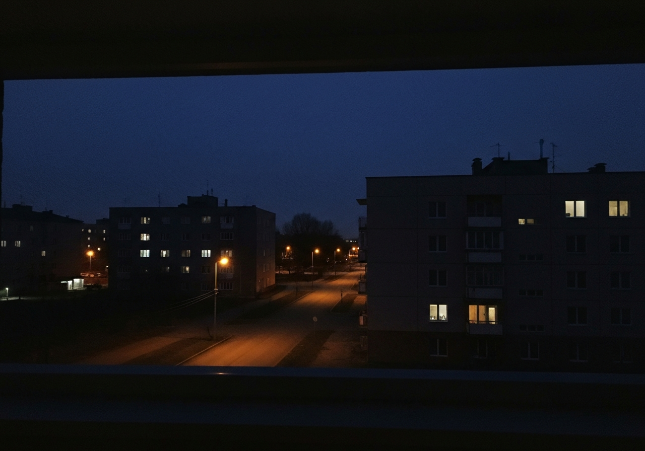 A dimly lit, atmospheric smartphone photo capturing a view from a window at 4 AM. Silhouettes of buildings are visible against a very dark blue sky, with faint streetlights casting long shadows. The overall mood is quiet and contemplative