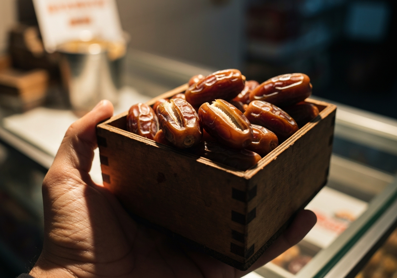 A close-up, slightly blurry smartphone photo of a hand holding a small, worn wooden box filled with fresh dates, with the soft glow of ambient light illuminating the scene. The background is subtly out of focus, hinting at a humble shop counter