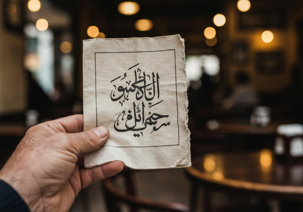A close-up shot of a worn napkin with Arabic calligraphy, held gently in a hand. The background is softly out of focus, hinting at a bustling café or a museum setting. The lighting is natural and warm, emphasizing the texture of the paper and ink
