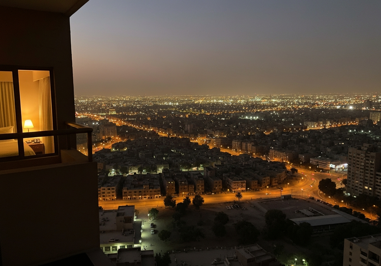A slightly blurry, handheld smartphone photo taken at dusk from a hotel balcony. City lights of Cairo stretch out below, with the faint glow of a room interior visible. The atmosphere is quiet and reflective, with a sense of lingering warmth from the day