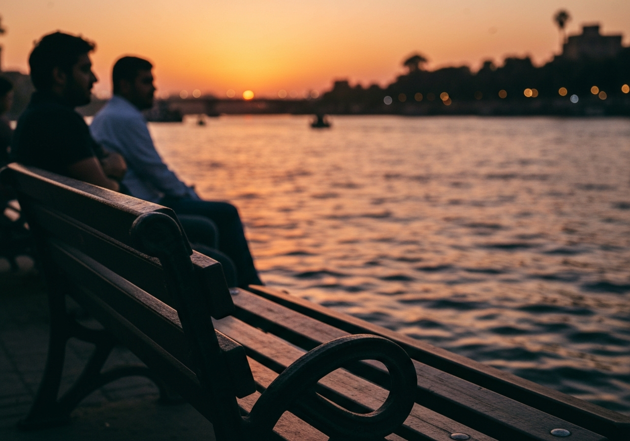 A candid, slightly off-center photo of the Nile River at sunset, seen from a park bench. People are in the background, indistinct figures enjoying the evening. The focus is on the water and the soft, diffused light, capturing a moment of peaceful observation