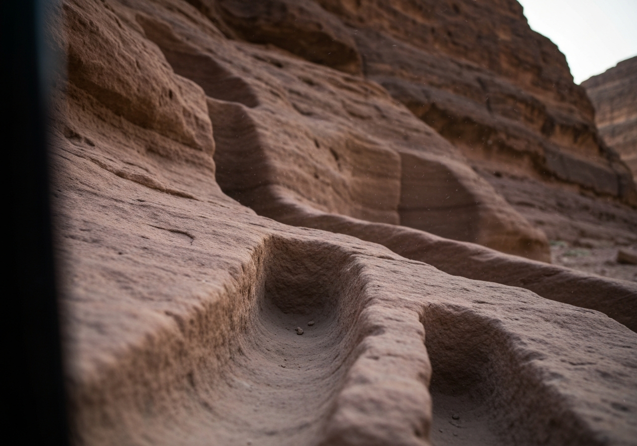 A close-up, slightly shaky smartphone photo of ancient Nabataean water channels carved into a sandstone cliff face, with the texture of the rock and the precision of the carvings clearly visible. The light is dim, suggesting early morning or late afternoon, and dust motes are visible in the air. The framing is a bit off-center, as if taken in a hurry