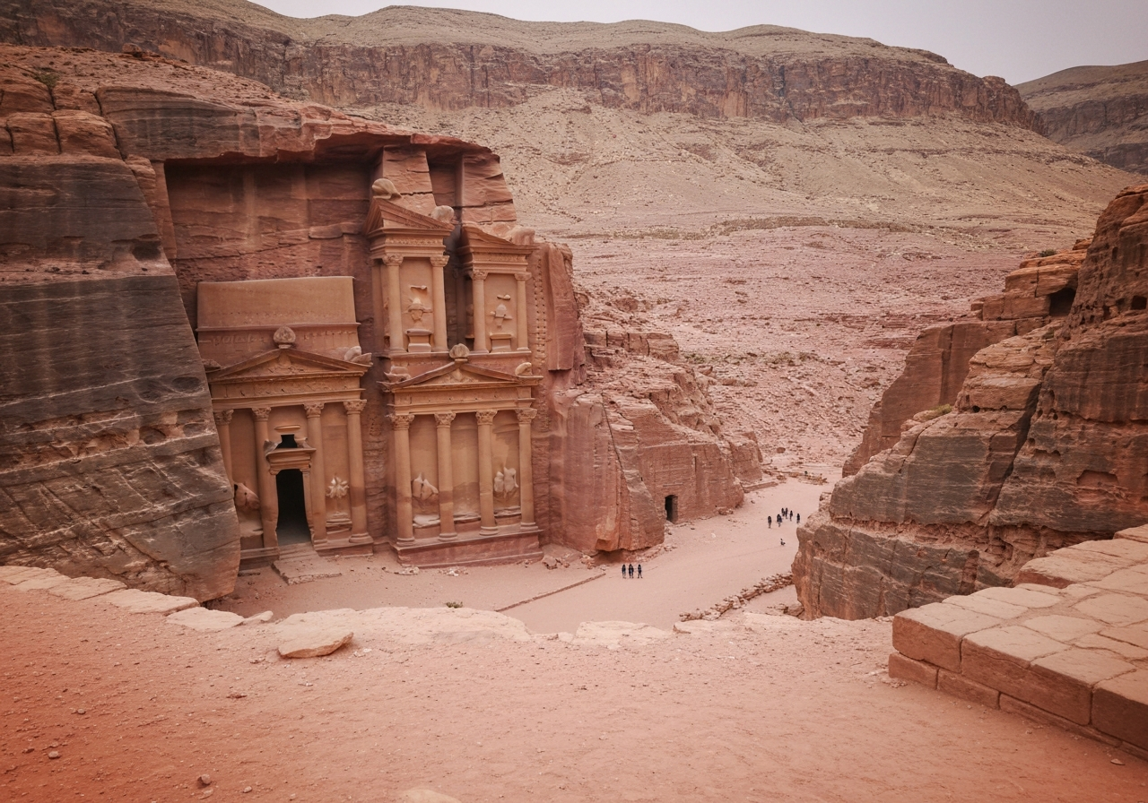 An authentic, candid shot taken from a slightly elevated position, looking across a vast desert valley towards ancient carved facades in Petra. The colors of the sandstone are muted and varied, shifting from rose to ochre. A few distant figures are visible, appearing small against the immense landscape, conveying a sense of scale and solitude. The image has a slightly grainy quality, like a photo taken with a phone in challenging light