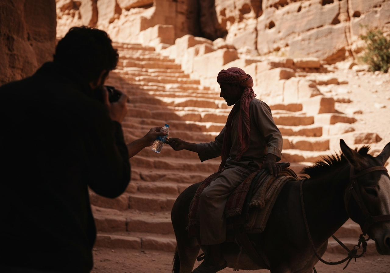 A candid, slightly out-of-focus shot of a Bedouin man on a donkey, silhouetted against the rugged landscape of Petra. The focus is on the interaction, with the man looking down and offering something (perhaps a water bottle) to the unseen photographer. The background shows the worn stone steps and the vastness of the terrain, capturing a fleeting moment of human connection amidst the ancient ruins