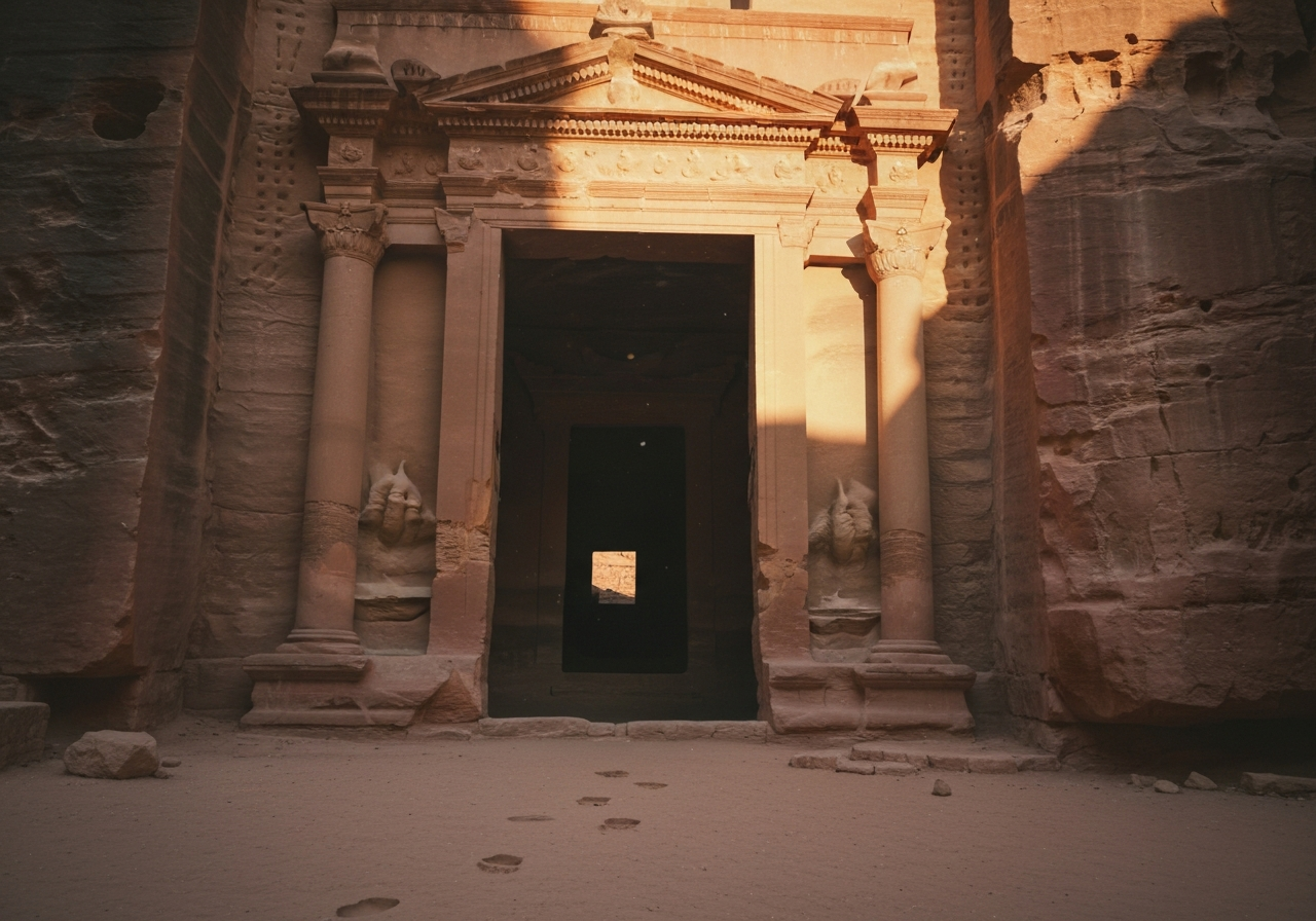 A close-up, slightly off-center smartphone photo of a weathered, carved stone doorway in Petra, Jordan. Sunlight streams through the opening, illuminating dust motes and casting soft shadows on the textured rock interior. A few ancient, worn footsteps are visible on the ground. The image has a natural, slightly grainy feel, as if taken spontaneously