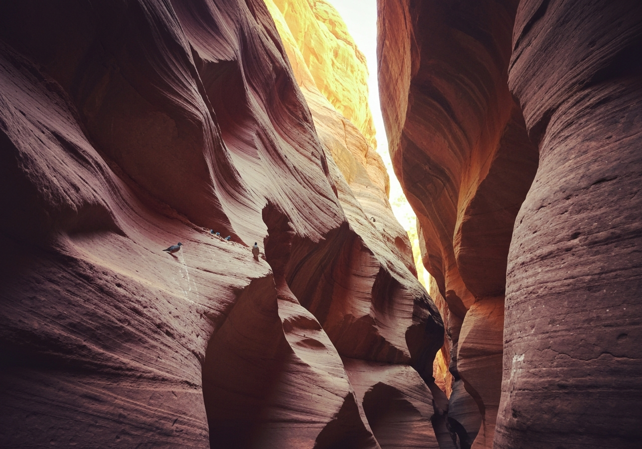 An authentic, slightly overexposed smartphone shot looking up at the towering, textured sandstone walls of a narrow canyon. A few small birds are perched on ledges, and thin, ancient water channels are visible carved into the rock. The image captures a sense of immense scale and quiet