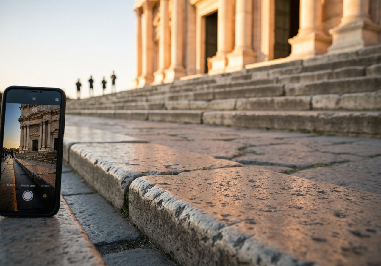 A candid smartphone photo taken from a bench, showing the worn, uneven stone steps leading towards the entrance of a grand, ancient facade partially illuminated by the warm, golden light of early morning. A few indistinct figures are visible in the distance, adding a sense of scale and early visitor presence