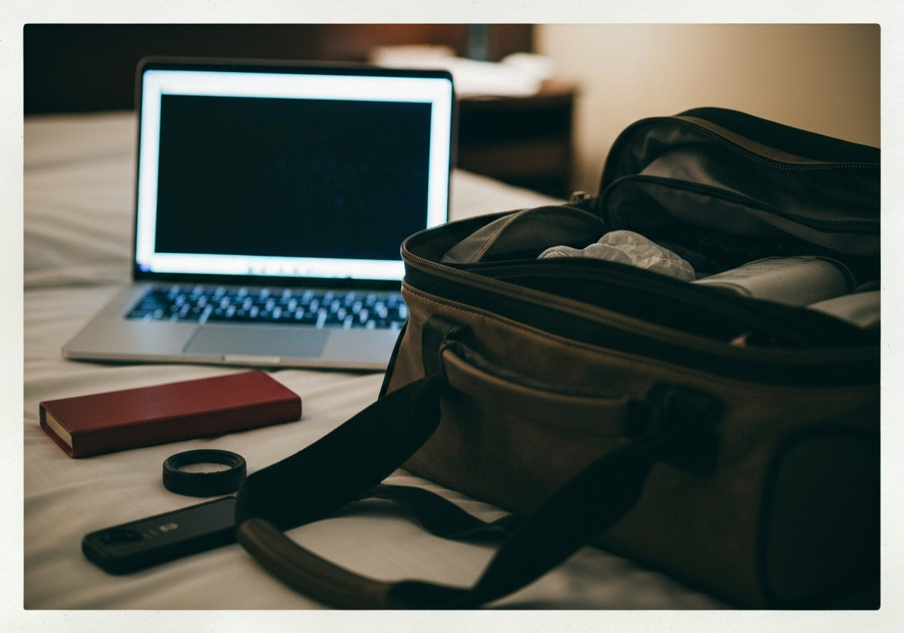 A close-up, slightly grainy photo of a half-packed travel bag on a hotel bed. A laptop is open in the background, its screen dimly lit. The lighting should be the artificial, slightly harsh light of a hotel room. The scene should convey a sense of temporary pause and contemplation, with personal items scattered around in a natural, unarranged way