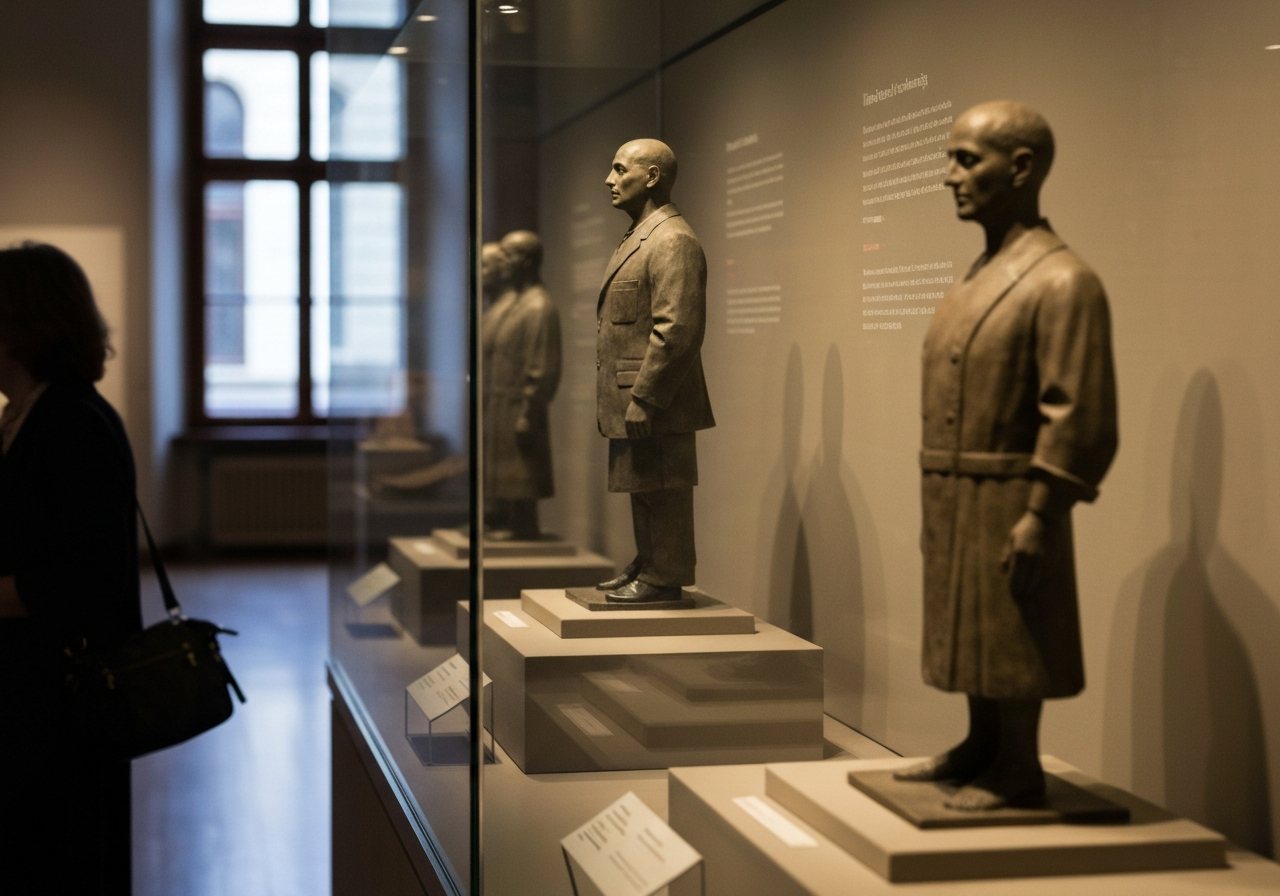 A candid shot taken from inside a museum, looking towards a display case. The focus should be slightly soft, capturing the atmosphere of a quiet exhibition space. The subject matter of the display is secondary; the emphasis is on the feeling of being present in the moment, perhaps with a hint of the outside world visible through a distant window or doorway, suggesting a normal day interrupted. The lighting should be natural museum lighting, not overly dramatic