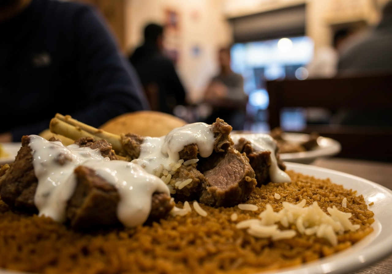 A close-up, candid shot of a traditional Jordanian dish, mansaf, served in a small cafe. The lighting is warm and slightly dim, typical of evening cafe ambiance. The focus is on the textures of the lamb, rice, and yogurt sauce, with a slightly tilted angle as if the photo was taken mid-meal. The background is softly blurred, hinting at the chatter and movement of other patrons without being distracting