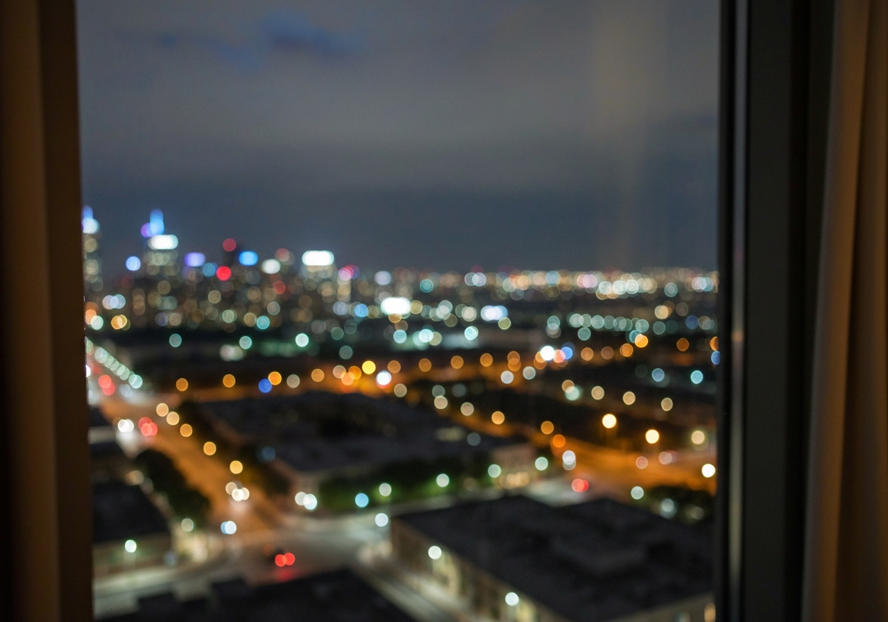 A slightly out-of-focus shot taken from a hotel room window at night, showing a sprawling city skyline with distant lights. The composition should feel candid, as if the photographer just happened to glance out and capture the view. Include subtle hints of city life, like faint car headlights or illuminated buildings, but avoid any dramatic or overly picturesque elements. The overall mood should be contemplative and a little uncertain