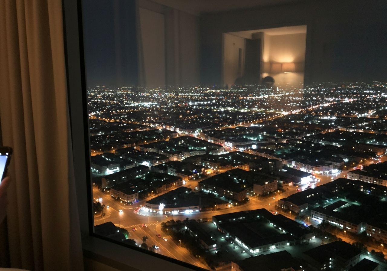 A blurry, slightly overexposed smartphone photo taken at night from a high hotel window, showing a sprawling city illuminated by countless lights. The foreground has a sliver of a hotel room curtain and a hint of a hand holding a phone, suggesting a spontaneous capture. The city lights form a dense, abstract pattern, with faint car headlights visible on distant roads. The overall mood is one of quiet observation and a touch of disorientation