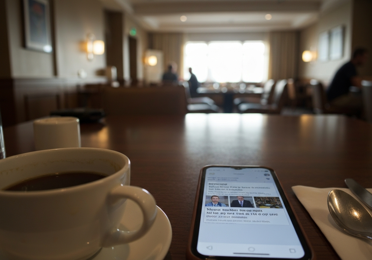 A slightly blurry, candid shot taken from a hotel breakfast table, focusing on a half-empty cup of dark coffee next to a smartphone displaying news headlines. The background shows a quiet hotel dining room with muted lighting, a few other patrons in the distance, and a glimpse of morning sunlight through a window. The overall feel is one of quiet introspection and the surreal normalcy of everyday life disrupted