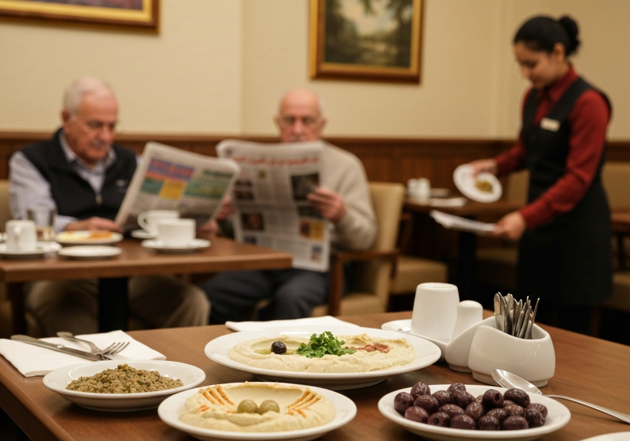 An authentic, unposed photo from inside a hotel breakfast room. The foreground features a spread of Middle Eastern breakfast items like hummus and olives on a simple plate. In the soft focus background, an elderly couple is visible, engrossed in reading newspapers, and a hotel staff member is discreetly tidying a table. The image conveys a sense of unease masked by routine, captured as if by a smartphone in a fleeting moment