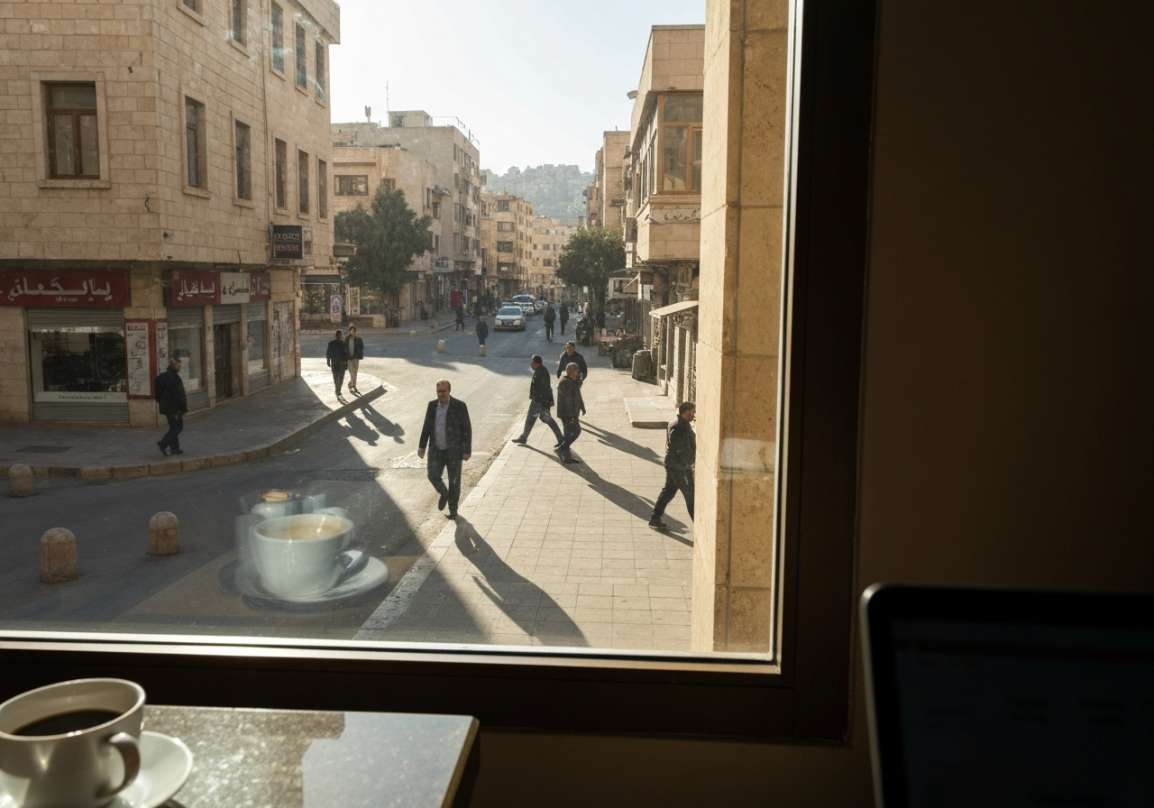 A natural, slightly off-kilter smartphone photo taken through a hotel breakfast room window. The view shows a typical Amman street scene with people walking by and the bright morning sun casting long shadows. Inside, the corner of a table with a coffee cup and perhaps a glimpse of a laptop or phone screen is visible, hinting at someone observing the outside world while processing internal thoughts. The image should feel spontaneous and unscripted, capturing the contrast between external calm and internal reflection