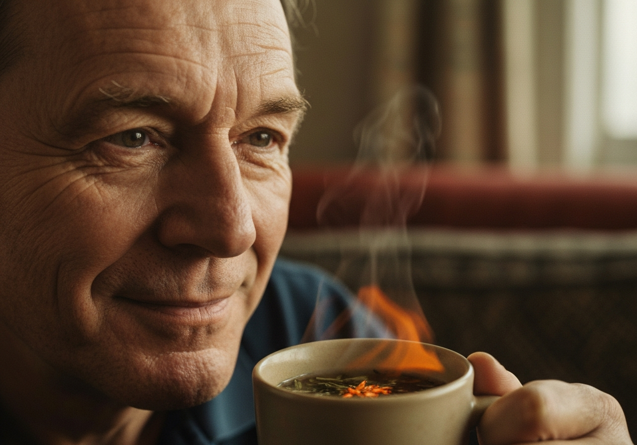 A close-up, natural-light shot of a lukewarm cup of mint tea on a simple wooden desk, with a modern smartphone screen displaying flight comparison websites subtly visible in the background. The image should have a slightly desaturated, authentic feel, conveying a moment of pause and thought