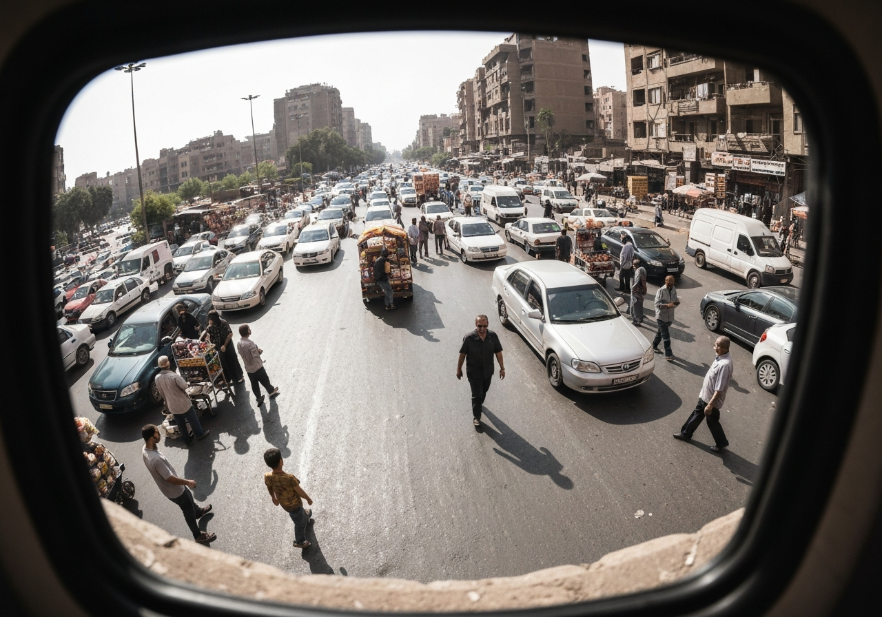 A wide-angle smartphone photo taken from a slightly elevated perspective, looking down at a busy Cairo street. The image captures the vibrant chaos of traffic, street vendors setting up, and people in everyday attire. The light is harsh and bright, conveying the intense heat of the afternoon. The framing is imperfect, as if taken quickly to capture the moment