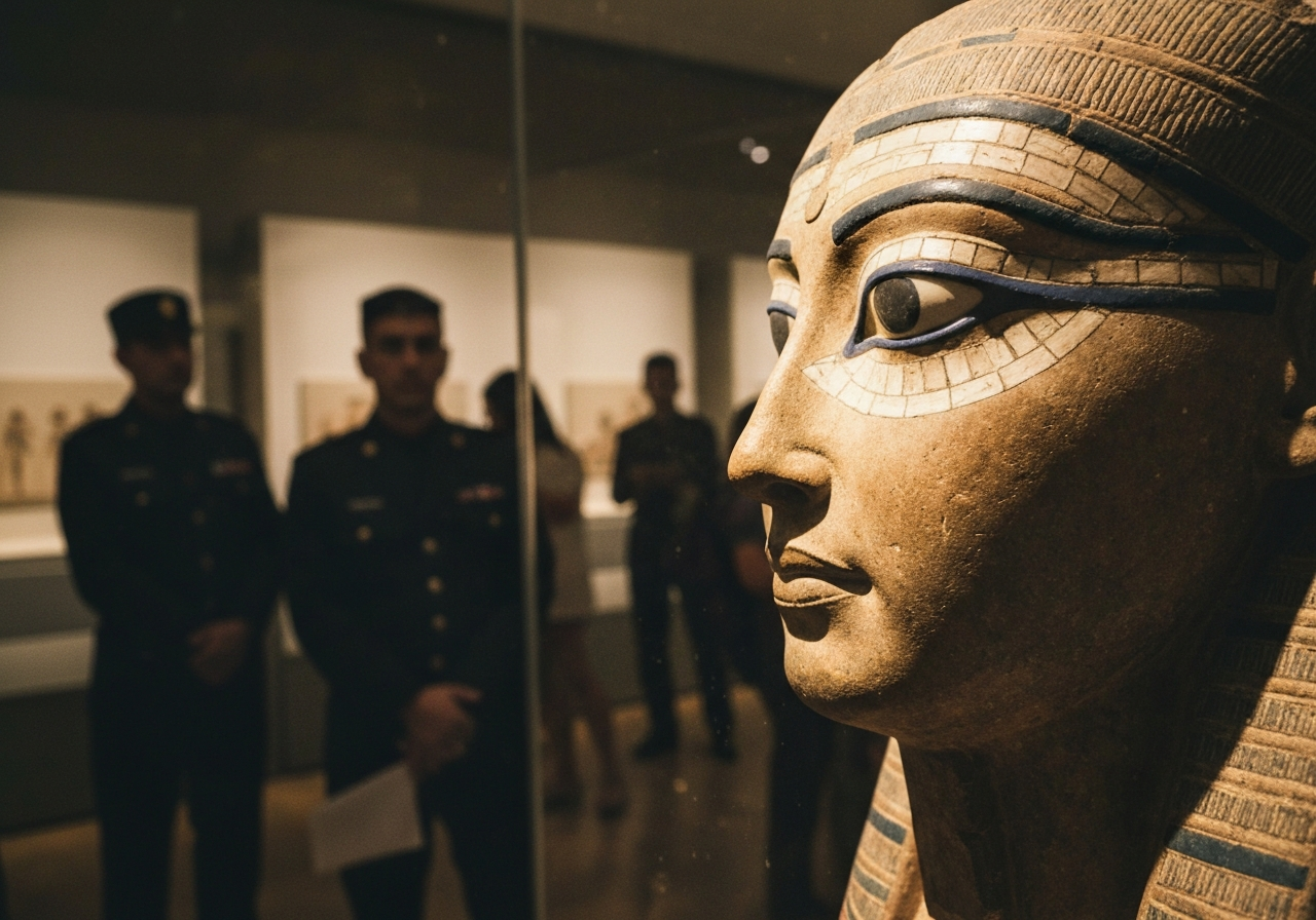 A candid, slightly shaky smartphone shot inside a dimly lit museum room. The focus is on the intricate, inlaid eyes of an ancient Egyptian statue, catching the light. The surrounding display case is slightly dusty, and the overall atmosphere feels authentic and unpolished, with a hint of bored museum guards in the periphery
