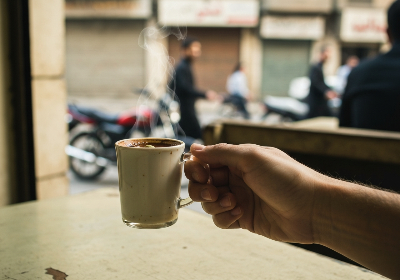 A slightly off-center, close-up smartphone photo of a hand holding a small, steaming cup of dark coffee with a subtle cardamom aroma, placed on a slightly worn cafe table. In the slightly blurred background, glimpses of a bustling Cairo street scene with passing motorcycles and pedestrians. Natural, warm lighting
