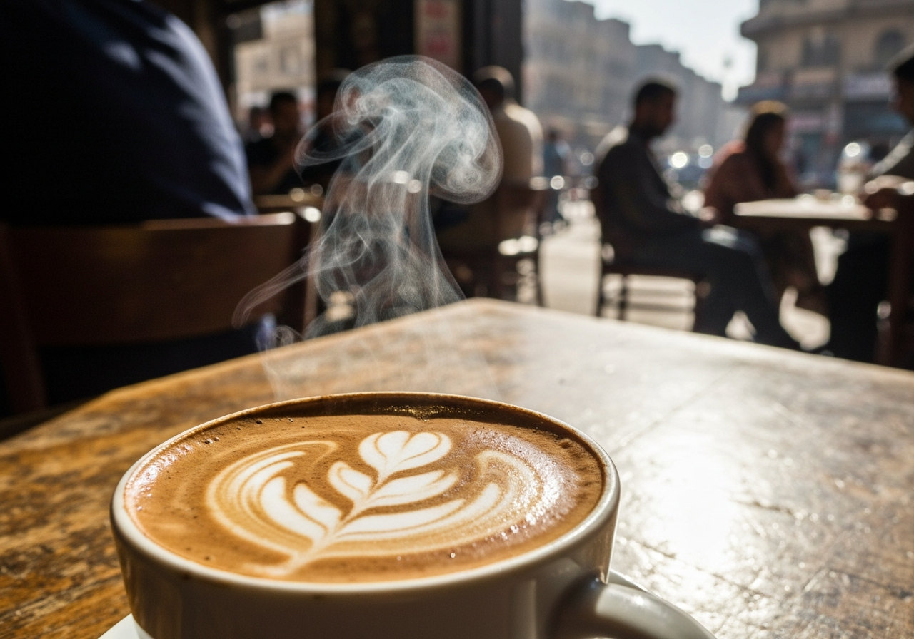 A close-up, slightly out-of-focus shot of a steaming cup of thick, dark Egyptian coffee with intricate latte art, placed on a worn wooden table in a bustling Cairo cafe. Sunlight streams in from the side, highlighting the steam rising and the texture of the coffee. The background is a blur of people and cafe activity, hinting at a vibrant city outside. Shot on a smartphone, with natural light and a shallow depth of field