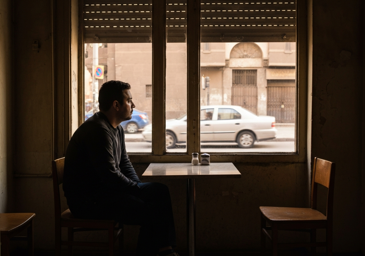 A solitary figure sits at a small table in a modest, slightly dated cafe in Cairo, looking out a window. The light is soft and diffused, casting a gentle glow on their face. Through the window, a glimpse of a typical Cairo street scene: a passing car, a sliver of a building, and the suggestion of heat. The image conveys a sense of quiet contemplation and the feeling of being a temporary observer in a new place. Shot with a smartphone, capturing the raw, unedited essence of the moment