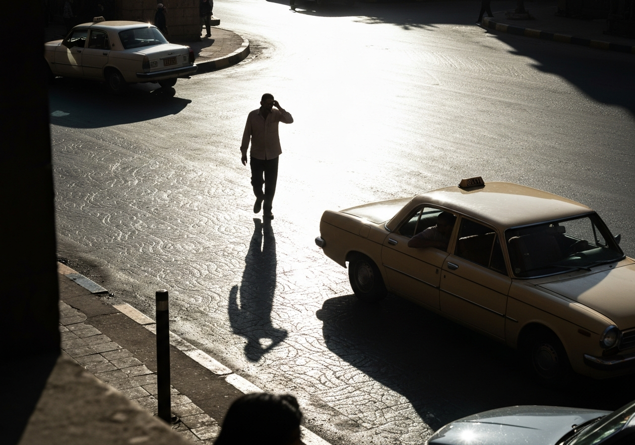A candid shot from a slightly elevated perspective, looking down at a street corner in Cairo. The pavement is shimmering with heat waves, and the sunlight is intense, casting harsh shadows. A lone figure, silhouetted against the bright light, is walking slowly, perhaps wiping sweat from their brow. A vintage taxi is pulled over to the side, its driver leaning out the window. The image should feel spontaneous, with a slightly tilted horizon and imperfect focus in places, capturing the oppressive heat