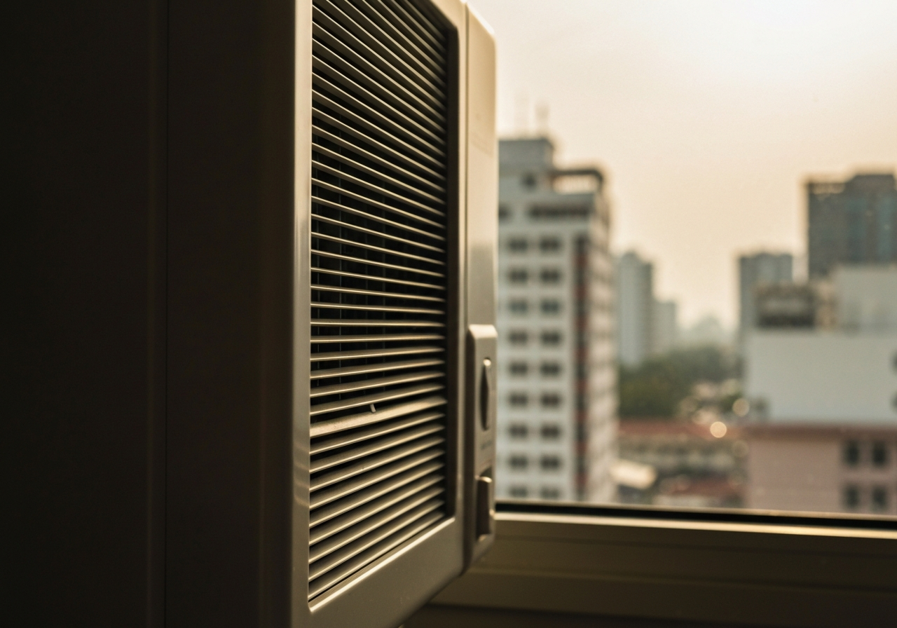 A close-up shot, taken from a slightly low angle, of a hotel room's air conditioning unit rattling and humming. The vent is slightly blurred, and through the window behind it, a hazy, sun-drenched cityscape can be seen, with buildings appearing slightly distant and softened by the heat. The overall feel is one of weary respite. Shot on a modern smartphone, with a slightly grainy texture and natural lighting