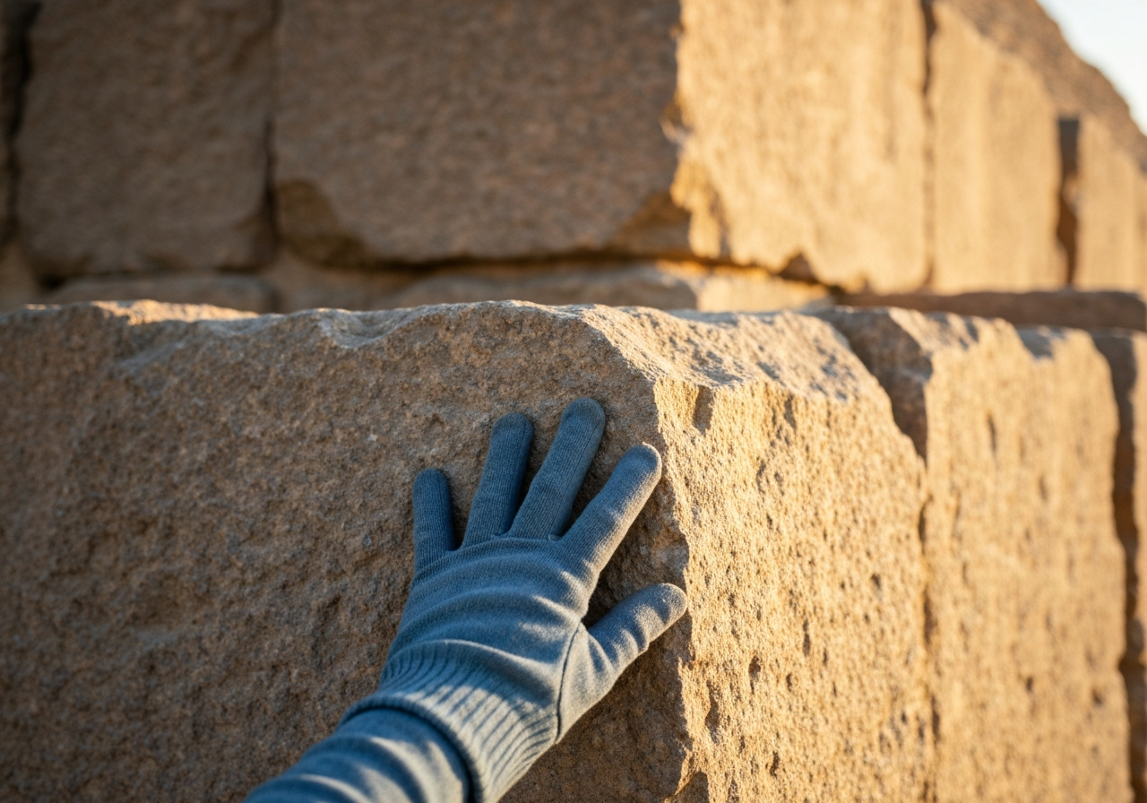 A close-up smartphone photo of a hand lightly touching a massive, rough-hewn limestone block of a pyramid, with the soft, golden light of early morning illuminating the worn surface. The background is slightly out of focus, hinting at the vastness of the structure