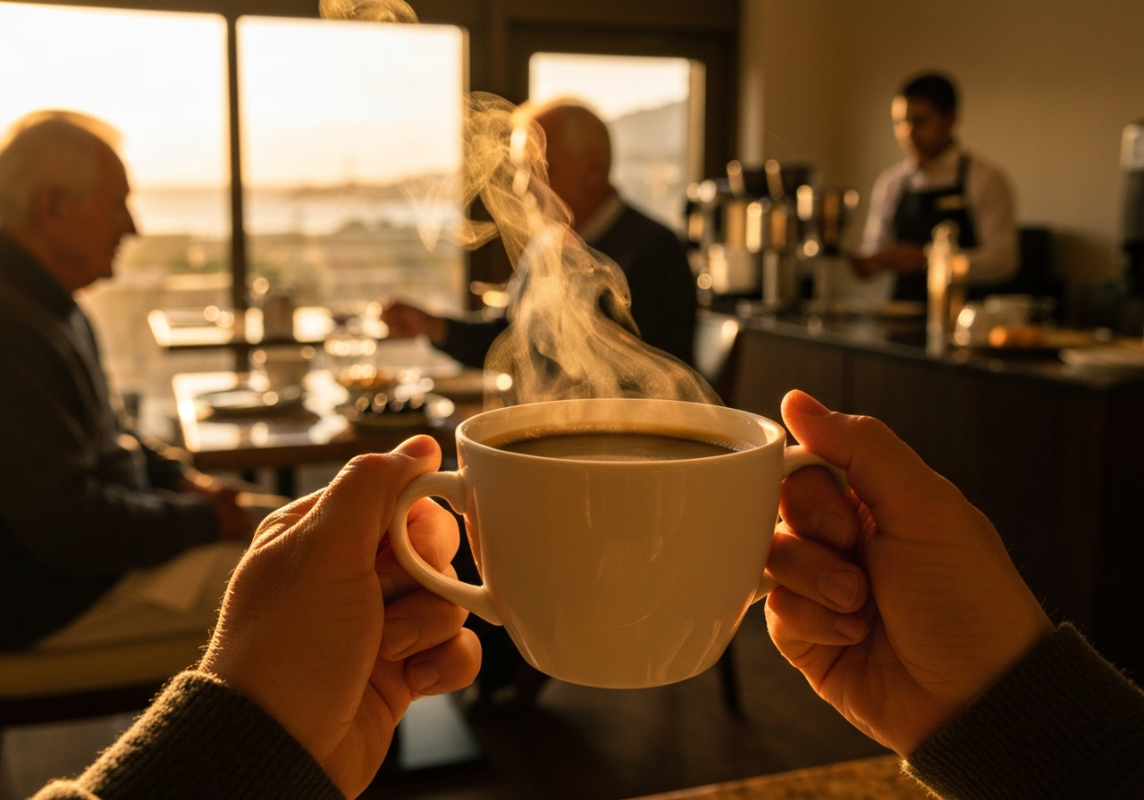 A close-up shot from a smartphone, capturing a steaming cup of coffee held with both hands, the warm amber and gold morning light from a hotel restaurant window softly illuminating the scene. In the blurred background, an elderly couple shares a quiet moment over labneh and olives, with a glimpse of a hotel staff member at a coffee station. The image should feel intimate and slightly anxious, with a shallow depth of field