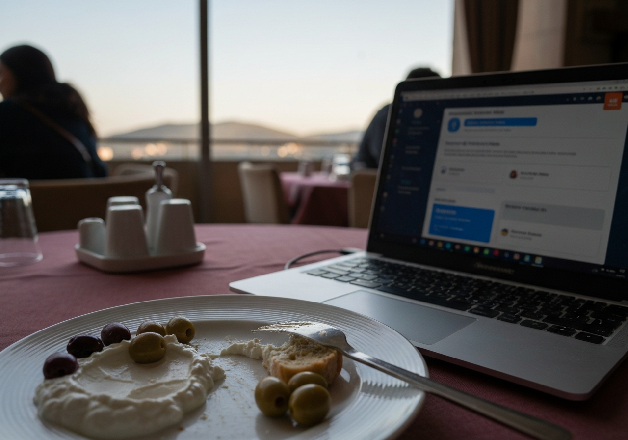 A candid, slightly off-kilter smartphone photo taken from a hotel restaurant table. The focus is on a half-eaten plate of labneh and olives with a piece of bread, beside an open laptop displaying travel notifications. The background is softly blurred, showing the gentle morning light hitting distant hills and a hint of other diners. The overall mood is contemplative and uncertain, with a natural, unposed feel