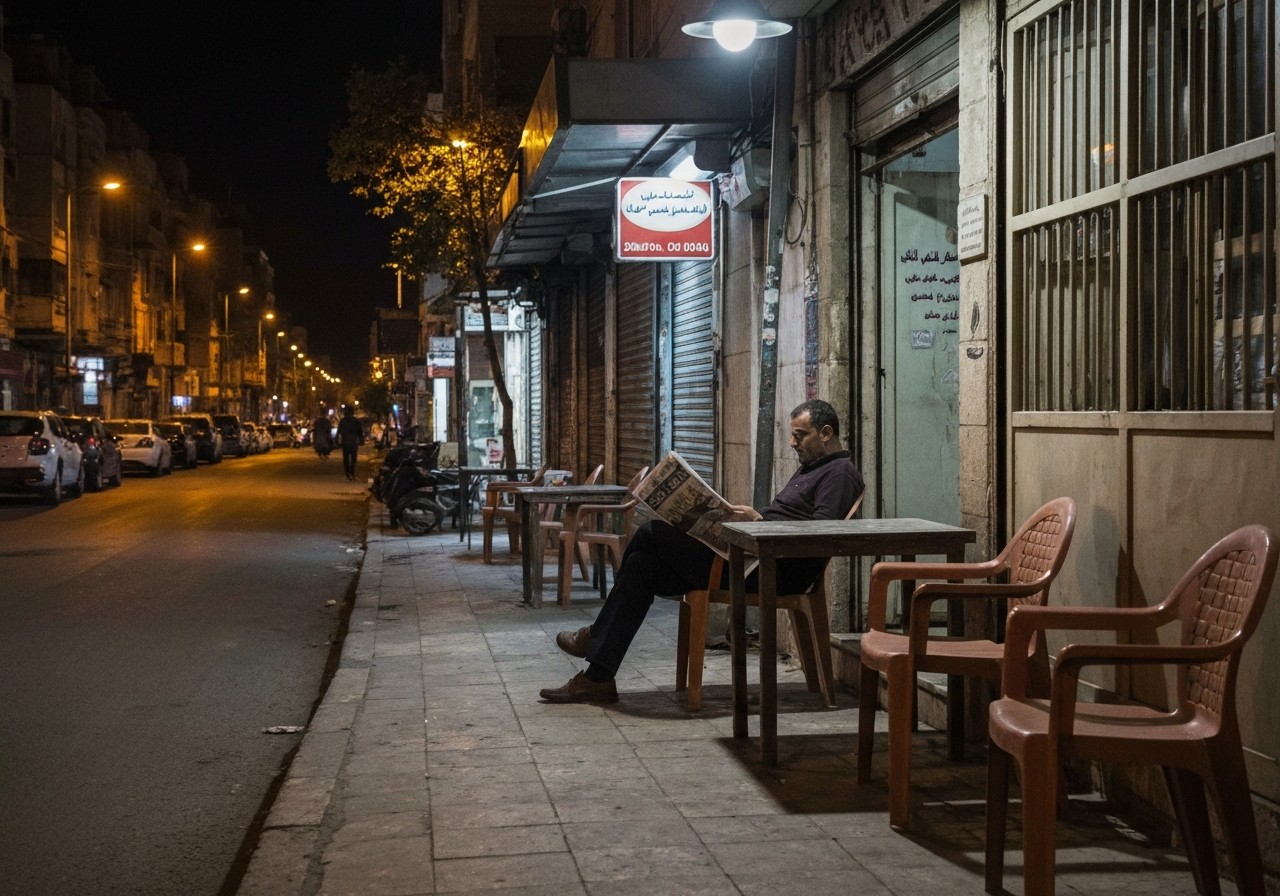 A street-level, unposed smartphone shot from Amman at night. The image captures a quiet moment outside a local cafe with plastic chairs. A man sits alone under a streetlight, engrossed in reading a newspaper. The atmosphere is calm, with the soft glow of the streetlamp and the muted background buzz of the city, conveying a sense of peaceful solitude