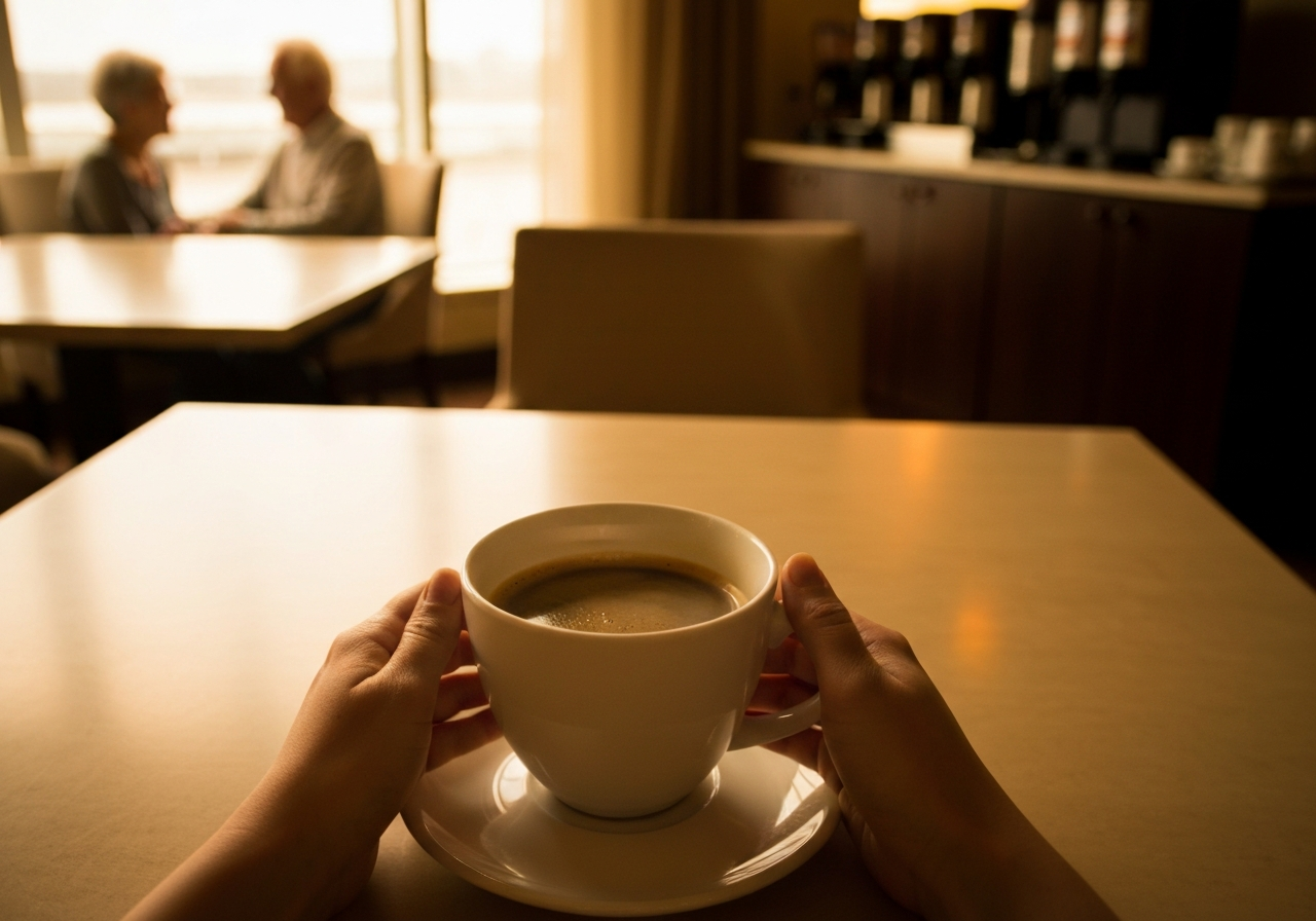A smartphone photo from a slightly elevated angle, looking down at a hotel restaurant table. A nearly full cup of coffee, still held with both hands, is the central focus. The background is a soft blur of amber and gold light, with the subtle detail of an elderly couple in conversation by a window and a coffee station in the distance. The image should convey a sense of quiet reflection and a lingering tension, as if captured in a moment of stillness