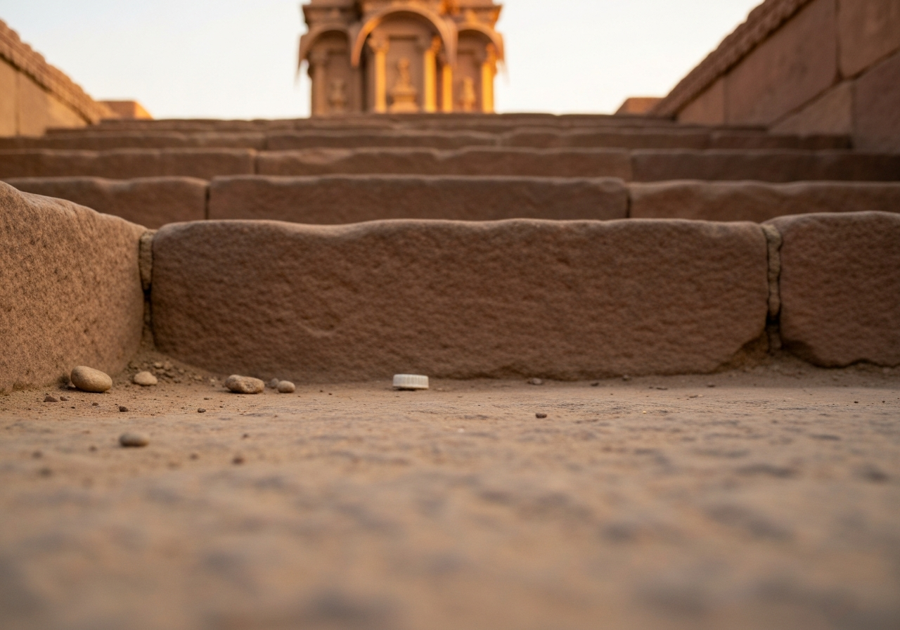A close-up, slightly blurry shot taken with a smartphone of dusty, worn sandstone steps leading upwards, with a sliver of a grand, carved facade visible at the very top, bathed in the warm, fading light of late afternoon. The focus is on the texture of the stone and the feeling of ascent, with a few stray pebbles or a discarded water bottle cap in the foreground to emphasize authenticity