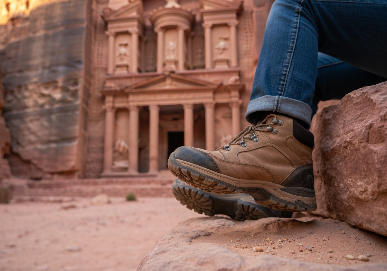 A candid, slightly off-center photo taken from a low angle with a smartphone, capturing a person's worn hiking boots and the edge of their jeans as they sit on a large, rough-hewn rock. In the background, out of focus but recognizable, are the monumental, rose-red carved facades of Petra, softened by the golden hour light. A few grains of sand are visible on the boots