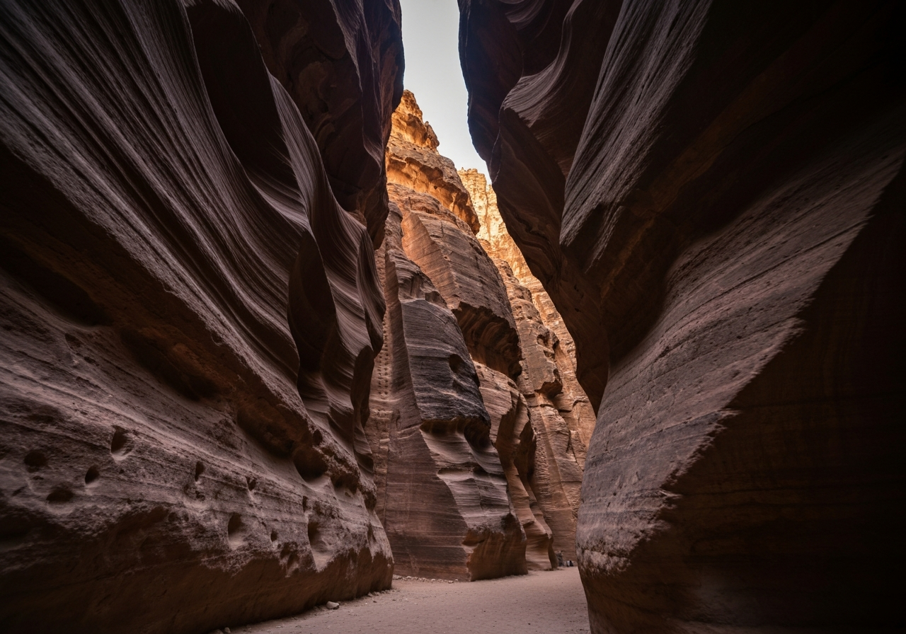 A handheld smartphone shot looking up at towering, ancient canyon walls in Petra. The image is slightly underexposed, with deep shadows and a narrow band of warm, soft light filtering down from above. The texture of the swirling, multi-colored sandstone is emphasized, and the composition suggests a sense of awe and confinement, with a hint of the path visible at the bottom