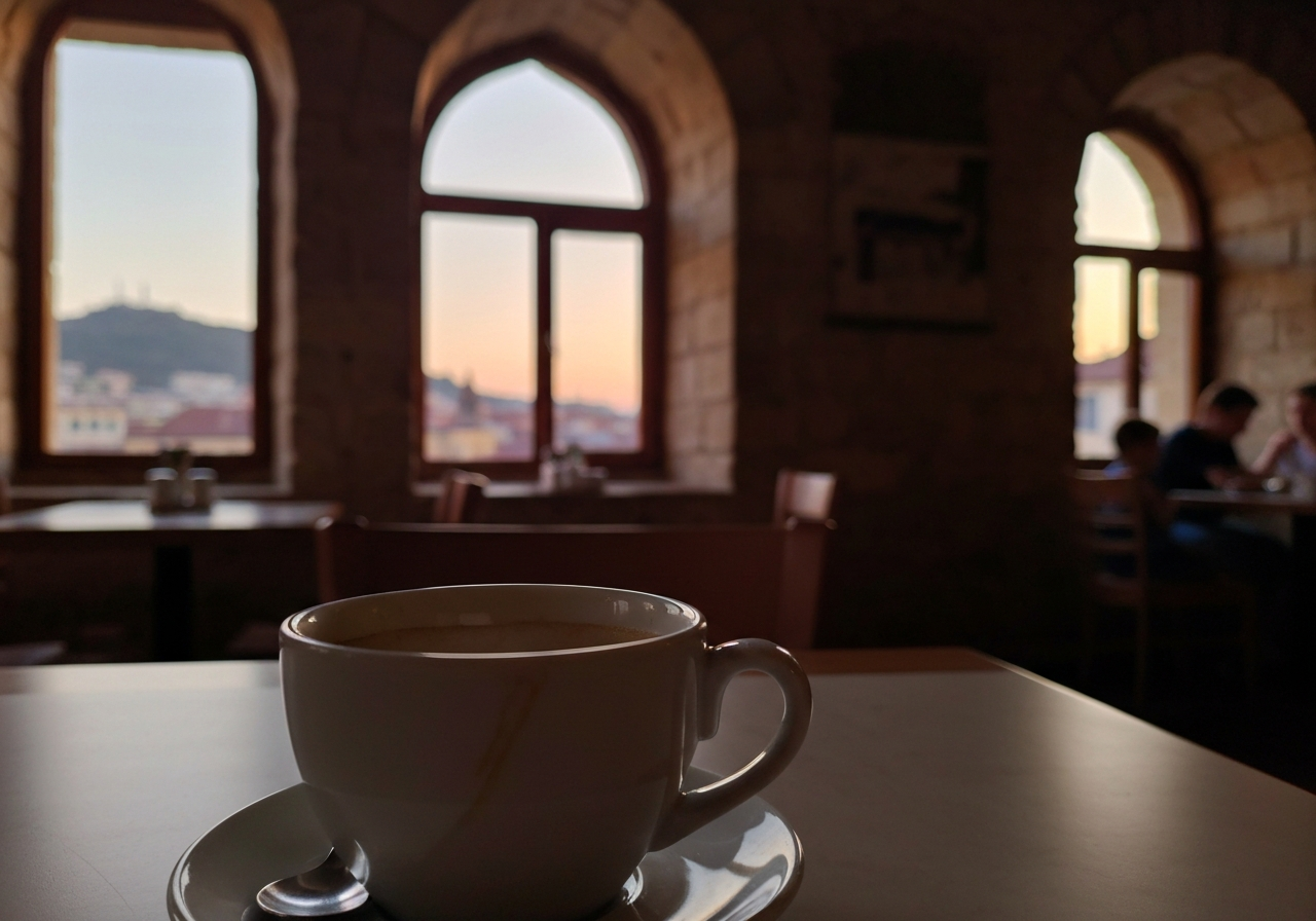 A slightly blurred, candid shot from a smartphone camera, looking over a half-empty coffee cup on a restaurant table. In the background, soft morning light filters through an old, arched window, casting warm amber and rose hues onto distant, hilly cityscapes. A hint of a family at another table is visible, but the focus is on the quiet, solitary moment of observation
