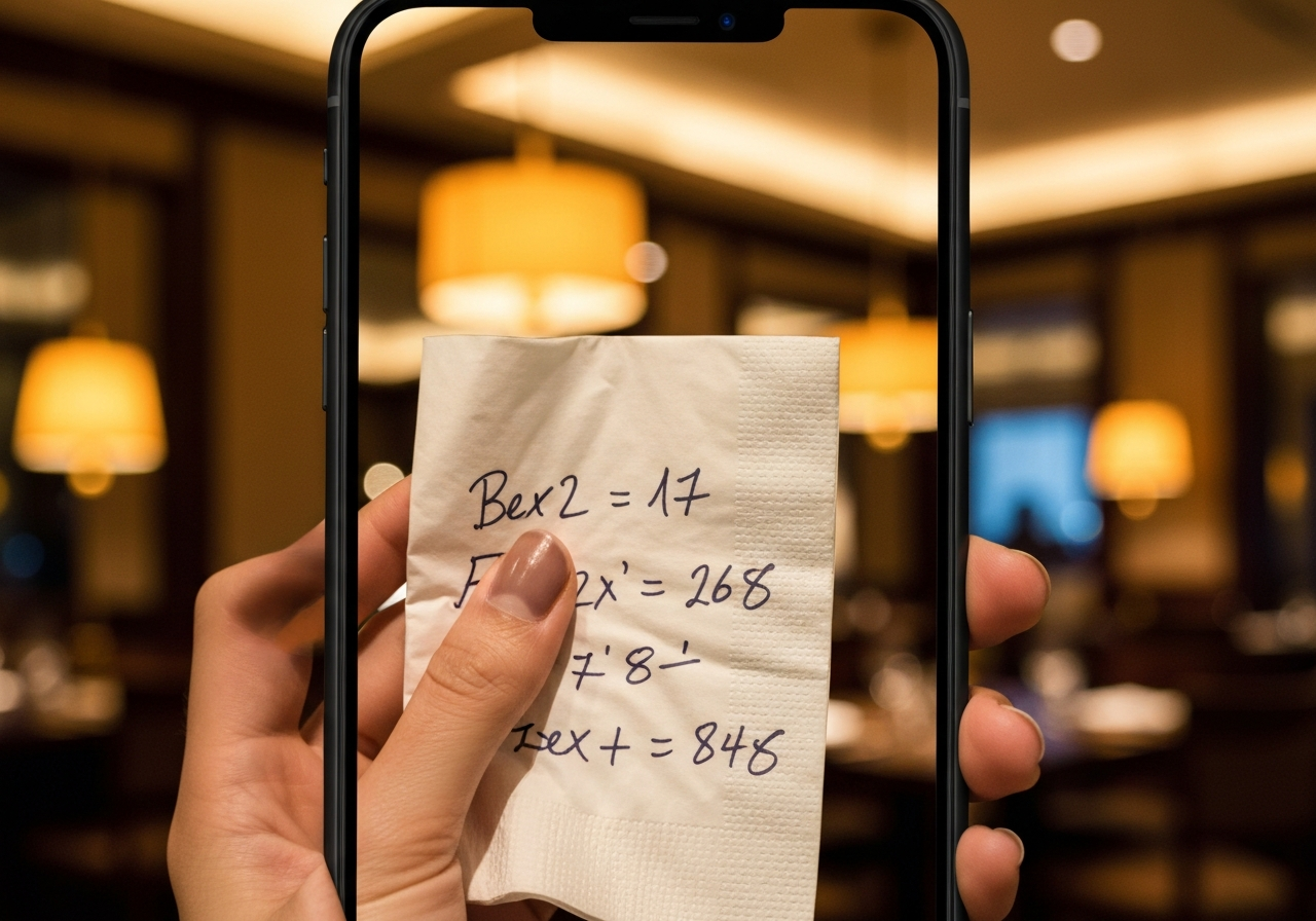 Close-up, handheld smartphone photo of a person's hand holding a crumpled napkin with scribbled calculations. The background is softly out of focus, showing the warm, ambient lighting of a hotel restaurant. The image captures a sense of thoughtful urgency and a spontaneous decision being made
