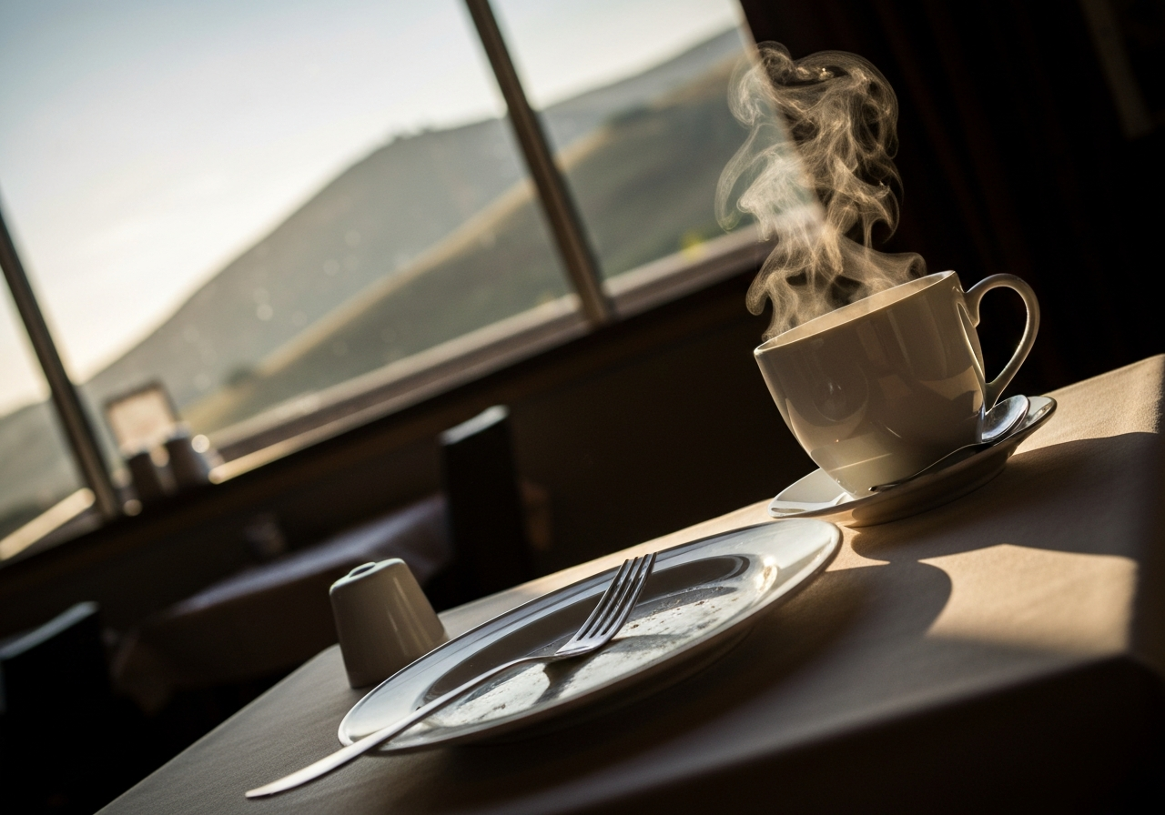 A slightly tilted, natural-light photograph taken with a smartphone. The frame shows a corner of a hotel restaurant table with a half-eaten breakfast plate and a steaming cup of coffee. Through a window in the background, the early morning sun illuminates rolling hills in soft, warm tones. The overall feel is unposed and contemplative, capturing a fleeting moment of travel reflection