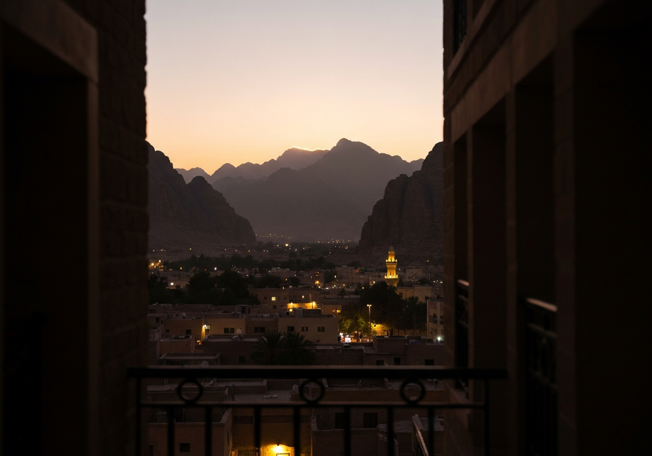 An evening shot from a narrow hotel balcony overlooking the town of Wadi Musa. The last sliver of sunlight catches the tops of distant, rugged mountains. Below, the warm glow of scattered lights from the town is visible, and a faint silhouette of a minaret can be seen. The air feels still and quiet, with a sense of calm settling over the scene. The focus is slightly soft, giving it a dreamy, atmospheric quality