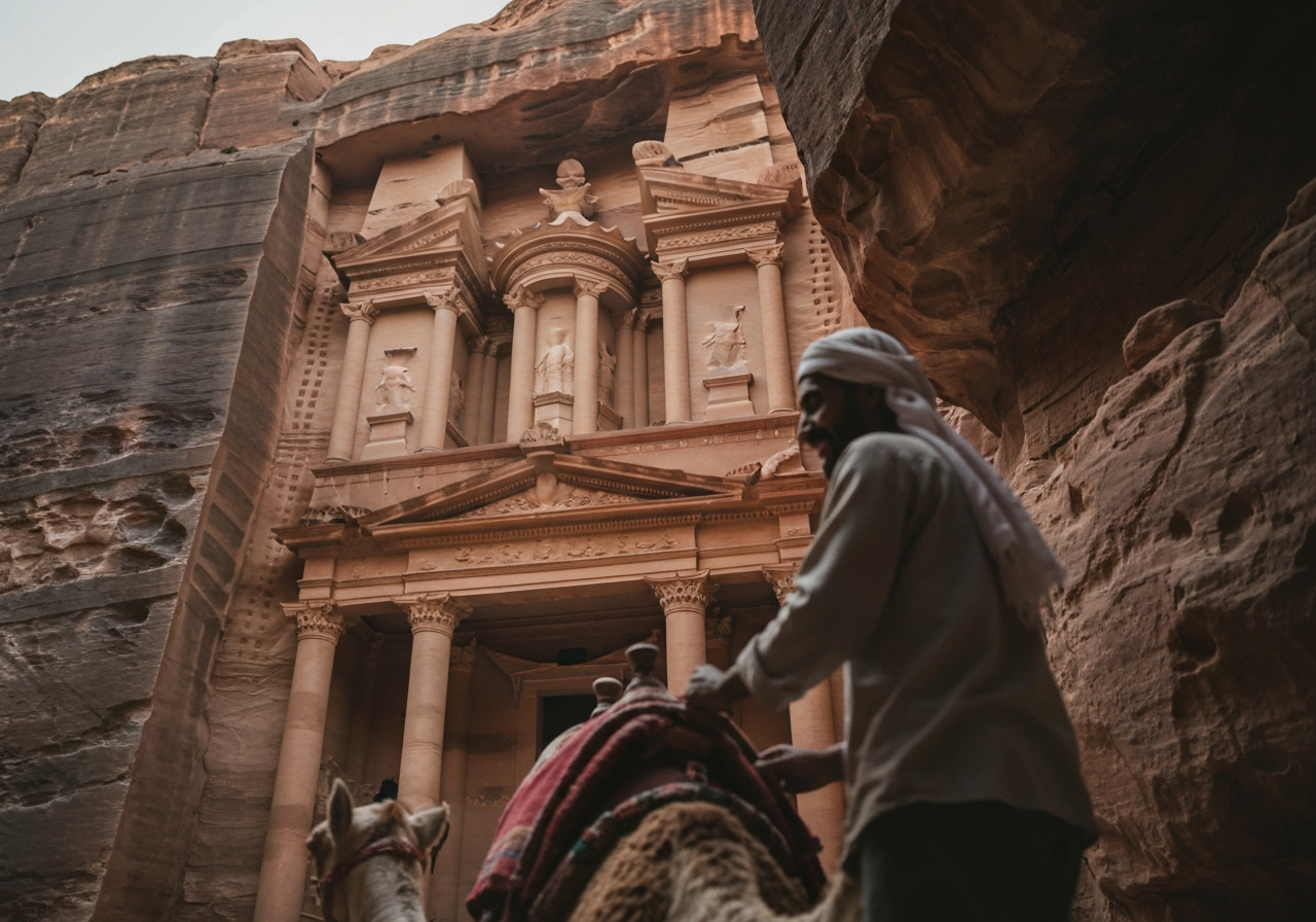 A candid, slightly off-center shot taken from a low angle, looking up at the imposing facade of the Treasury in Petra. The lighting is soft, capturing the warm sandstone glow as it emerges from the shadow of the Siq. A Bedouin guide, seen from the back and slightly out of focus, is casually adjusting a camel's saddle, a hint of a smile on his face. The image feels unposed and captures a fleeting moment of arrival
