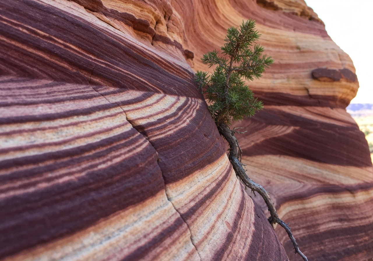 A close-up, slightly shaky smartphone photo of a weathered, ancient sandstone wall with swirling patterns of deep burgundy, soft pink, and cream. Sunlight glints off imperfections in the rock. A single, scraggly green juniper branch clings precariously to a crevice, its roots barely visible. The focus is sharp on the texture of the rock and the plant, with a slightly blurred background suggesting a vast, arid landscape